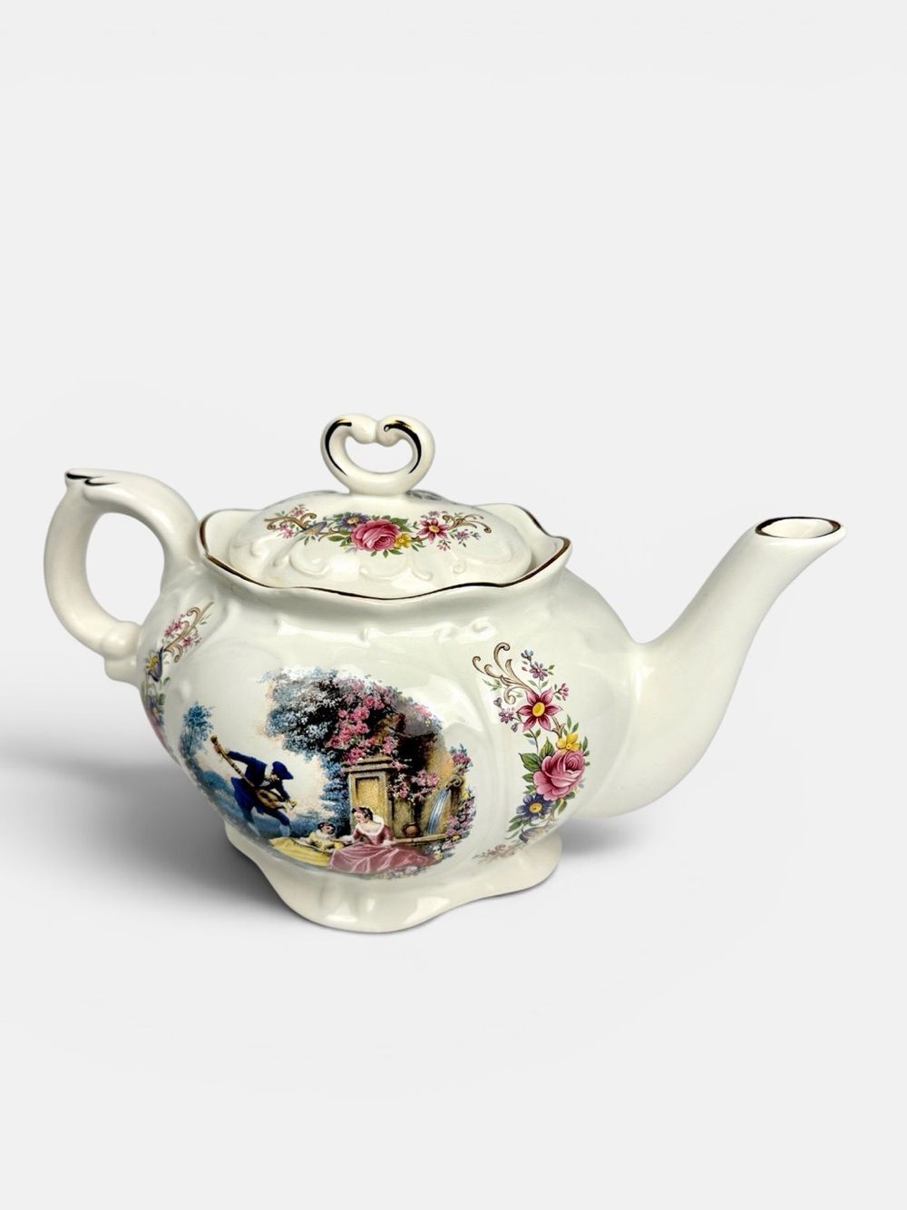 Caledonia Staffordshire England Teapot Floral Courting Scene Gold Trim 6 Cups
